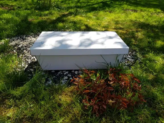 En vit kista i wellpapp mot en bakgrund av grönt gräs, växter och svarta och vita stenar. Under oktober månad bjuder vi på kistan vid hembegravning av djur.