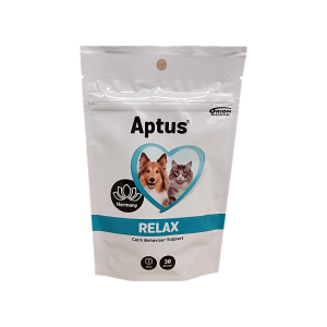 Aptus Relax, tuggbitar med lugnande fodertillskott. Säljs i Vetbutiken.