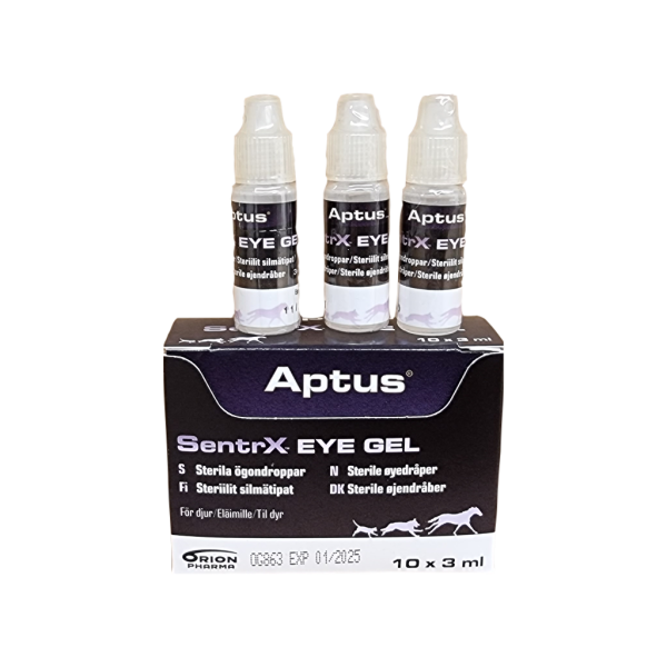 Aptus SentrX Eye Gel är 10 små flaskor om 3 ml ögongel. Finns i Vetbutiken.