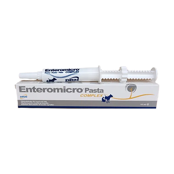 Tub med Enteromicro complex pasta, 15 ml, som används vid mag-tarmbesvär. Den går att köpa på Vetbutiken.