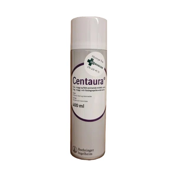 En grå sprayflaska med vitt lock. Centaura står i lila text mot vit botten. Myggmedel som fungerar på både människa och djur. Du köper den enkelt i Vetbutiken.