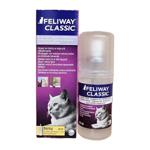 Feliway classic 60 ml spray är en större förpackning, med samma effektiva innehåll av kattens rogivande feromon. Finns att köpa hos Vetbutiken.