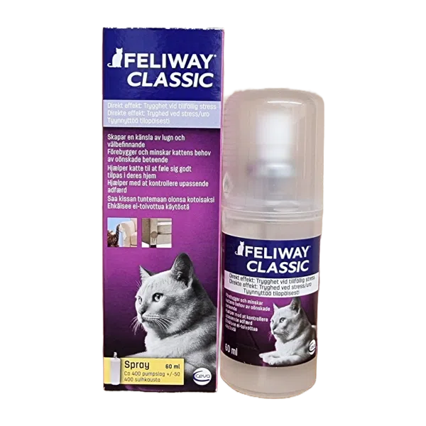 Feliway classic 60 ml spray är en större förpackning, med samma effektiva innehåll av kattens rogivande feromon. Finns att köpa hos Vetbutiken.