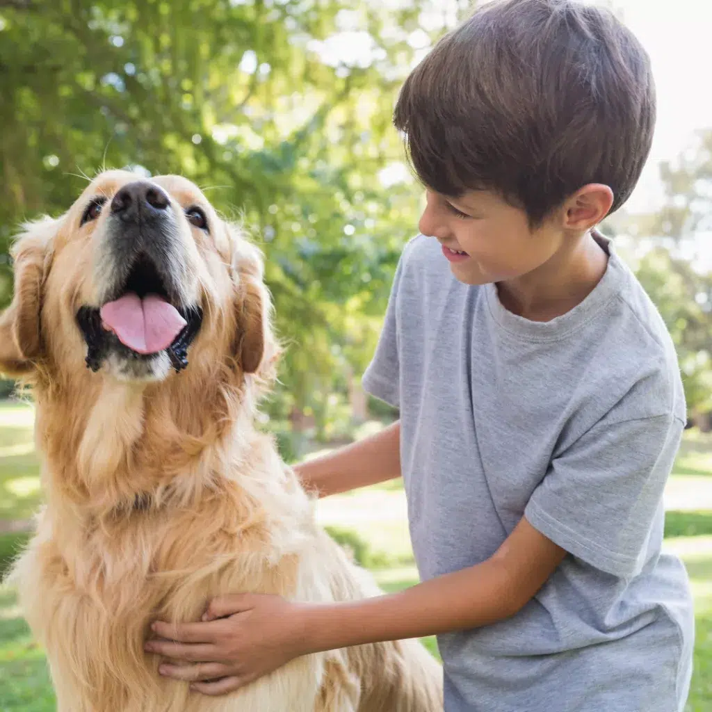 Golden retriver-hund till vänster och en ung pojke i en grå tröja till höger mot en bakgrund av grön natur. Läs mer om priser för hund på Vetmobilen.
